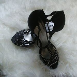 Fioni Night rhinestone black satin heels.